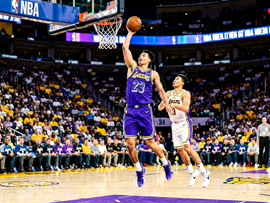 NBA篮球比赛现场，球员突破上篮精彩瞬间