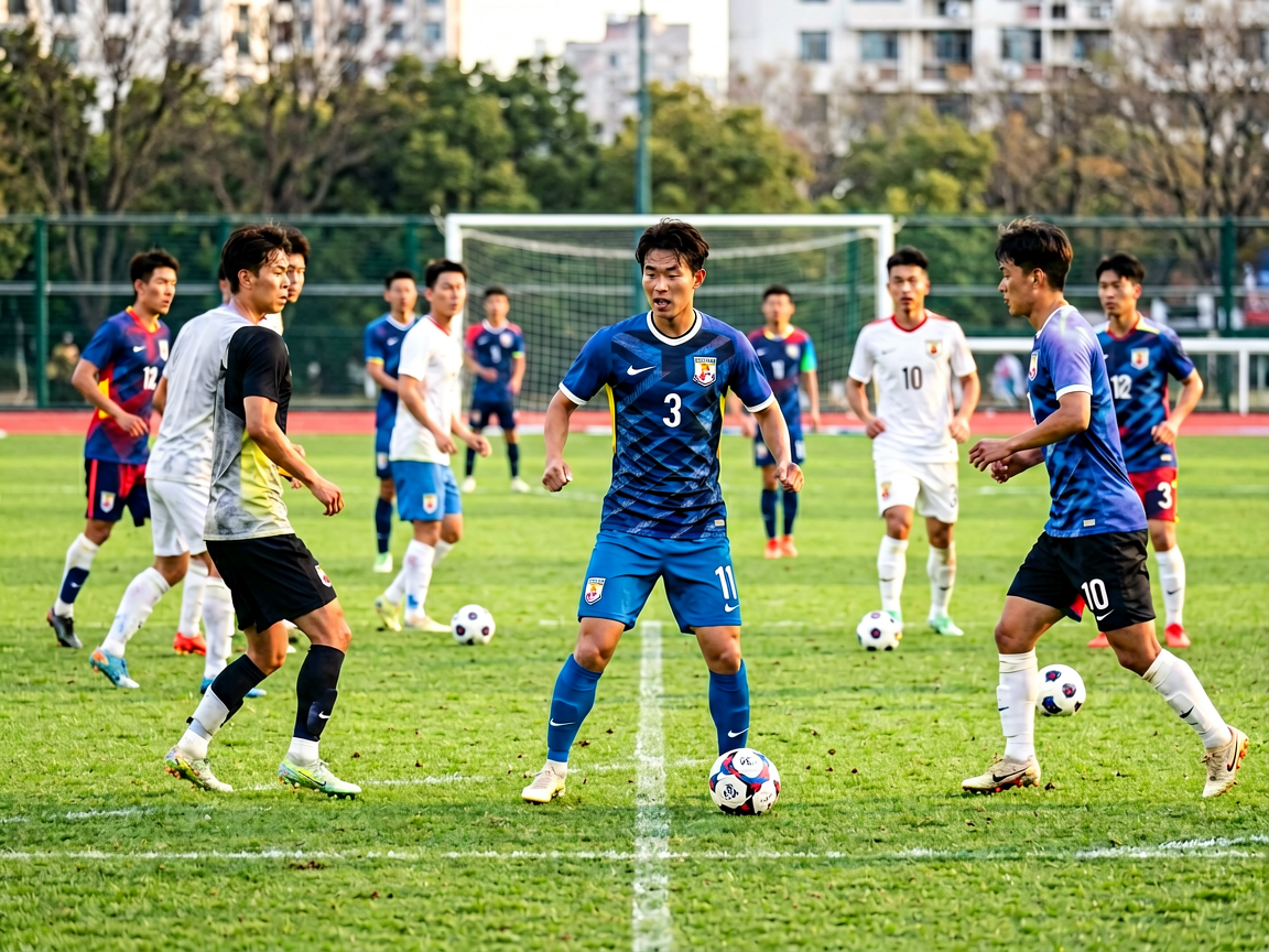 足球训练场上球员进行战术演练和体能训练